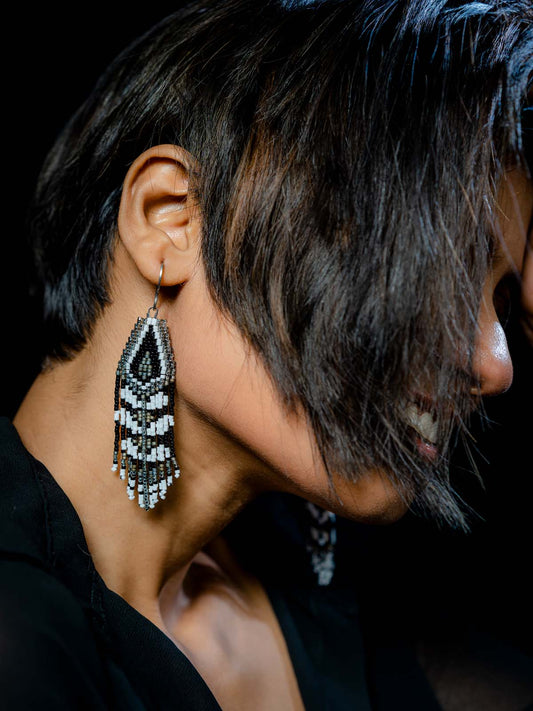 Aztec Leaves Handmade Beaded Earrings Weaving Black White Grey Silver