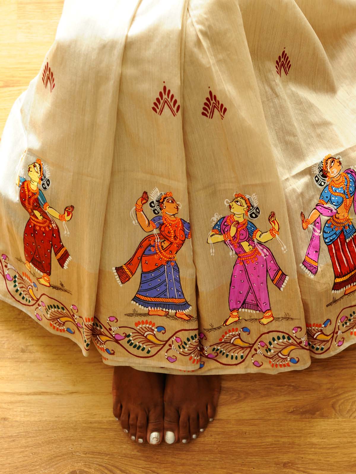 "At Brindavan" - Beige-Gold Handpainted Pattachitra Saree