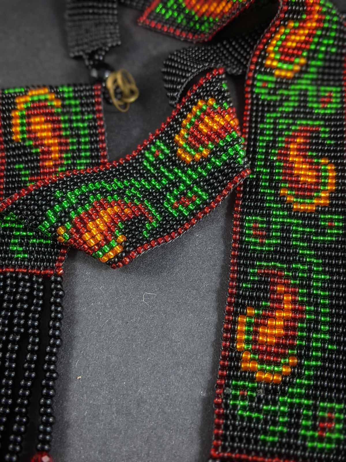 Handmade beaded Necklace in a Mango Motif Panel design Black Red Green Gold