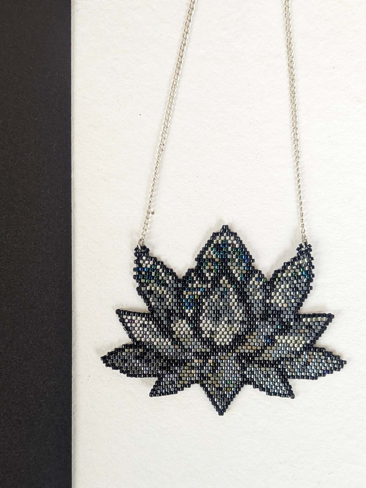 Handmade Beaded Black Lotus Necklace Silver Grey