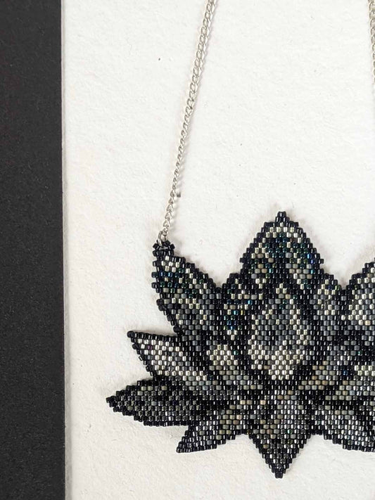 Handmade Beaded Black Lotus Necklace Silver Grey