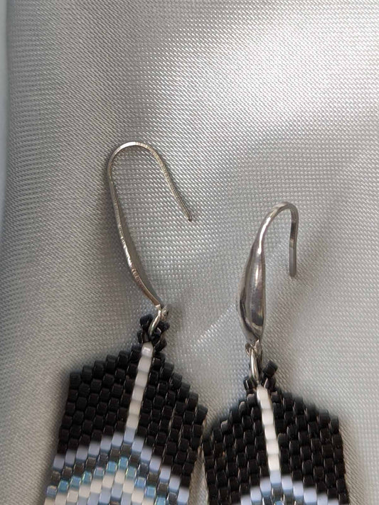 Vera Feather Earrings Handmade Beaded Weaving Black Blue Grey White Agate Drops