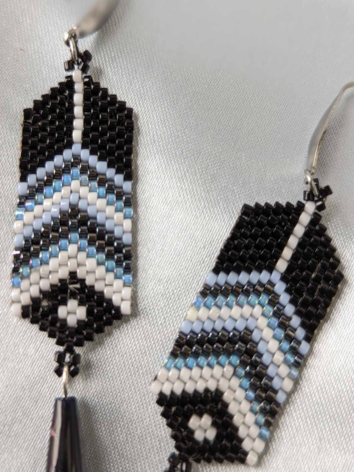 Vera Feather Earrings Handmade Beaded Weaving Black Blue Grey White Agate Drops