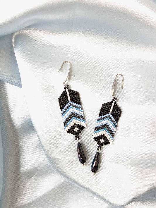 Vera Feather Earrings Handmade Beaded Weaving Black Blue Grey White Agate Drops