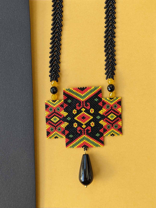 Black Red Geometric 3Panel Handmade Beaded Necklace Orange Green Agate