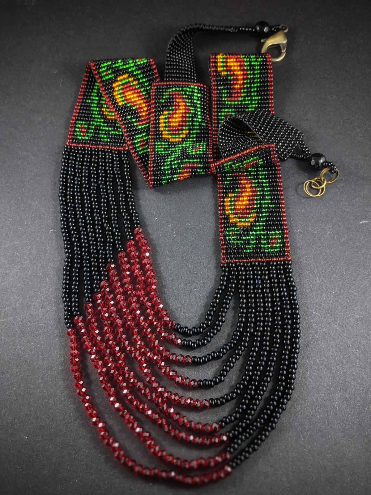 Handmade beaded Necklace in a Mango Motif Panel design Black Red Green Gold
