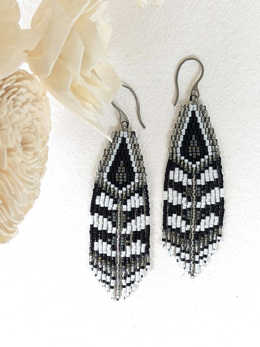 Aztec Leaves Handmade Beaded Earrings Weaving Black White Grey Silver