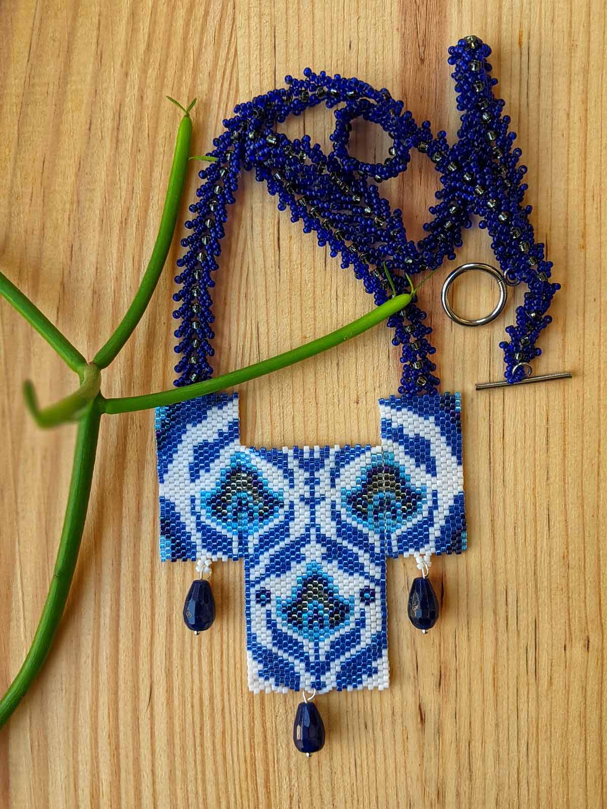 Blue & White 3 Panel Floral Fringe Necklace Handmade Beaded Black Silver