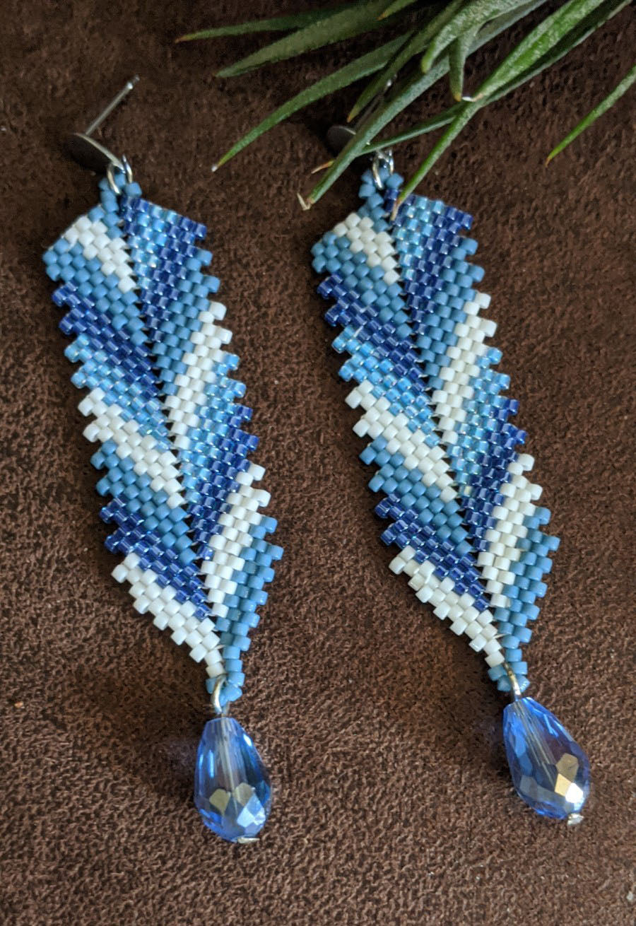 Blue & White Aztec Arrowhead Earrings Handade Beaded Weaving Stainless Steel Hook Grey Silver