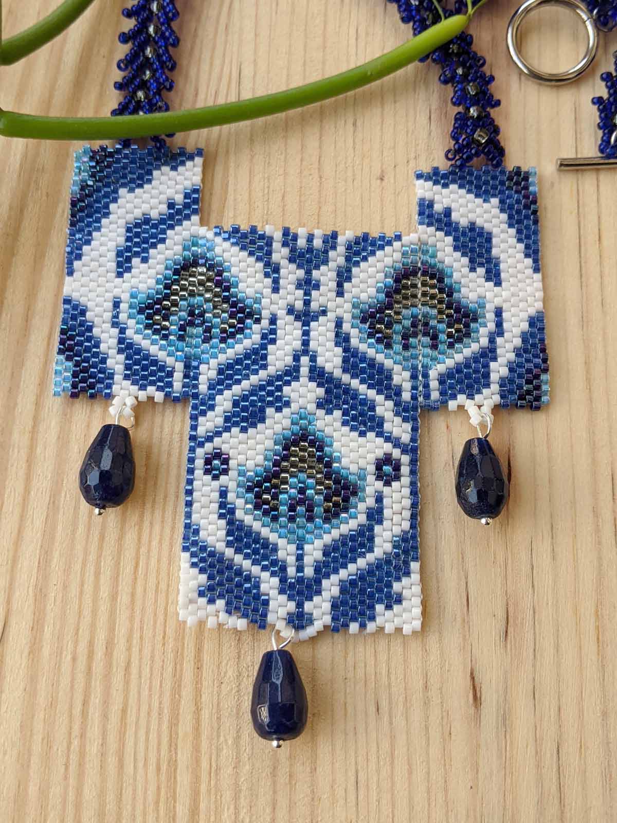 Blue & White 3 Panel Floral Fringe Necklace Handmade Beaded Black Silver