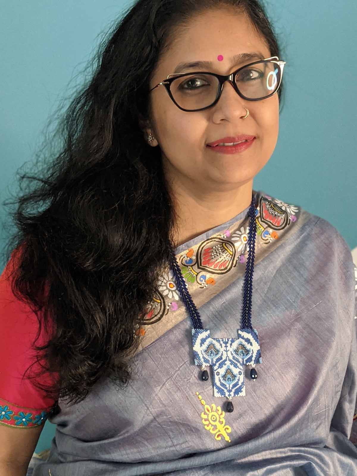 Blue & White 3 Panel Floral Fringe Necklace Handmade Beaded Black Silverv