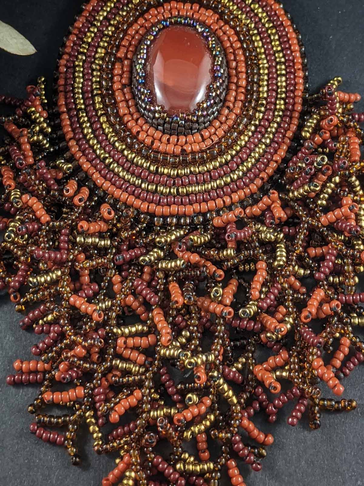 Brown Waterfall Handmade Beaded Necklace Gold Bronze Onyx Gemstone Cabochon Brass