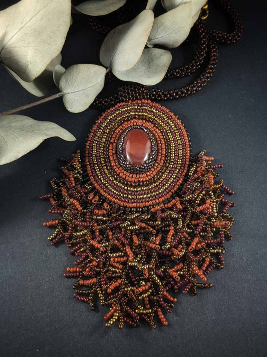 Brown Waterfall Handmade Beaded Necklace Gold Bronze Onyx Gemstone Cabochon Brass