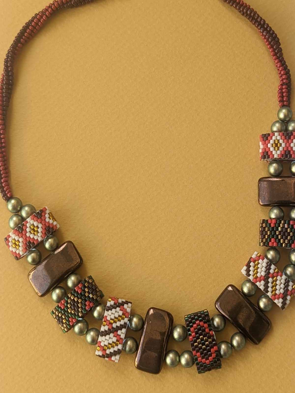 Caila Handmade Beaded Necklace Gold Bronze Brown Red White Green