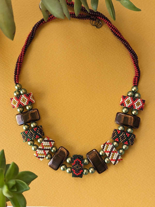 Caila Handmade Beaded Necklace Gold Bronze Brown Red White Green