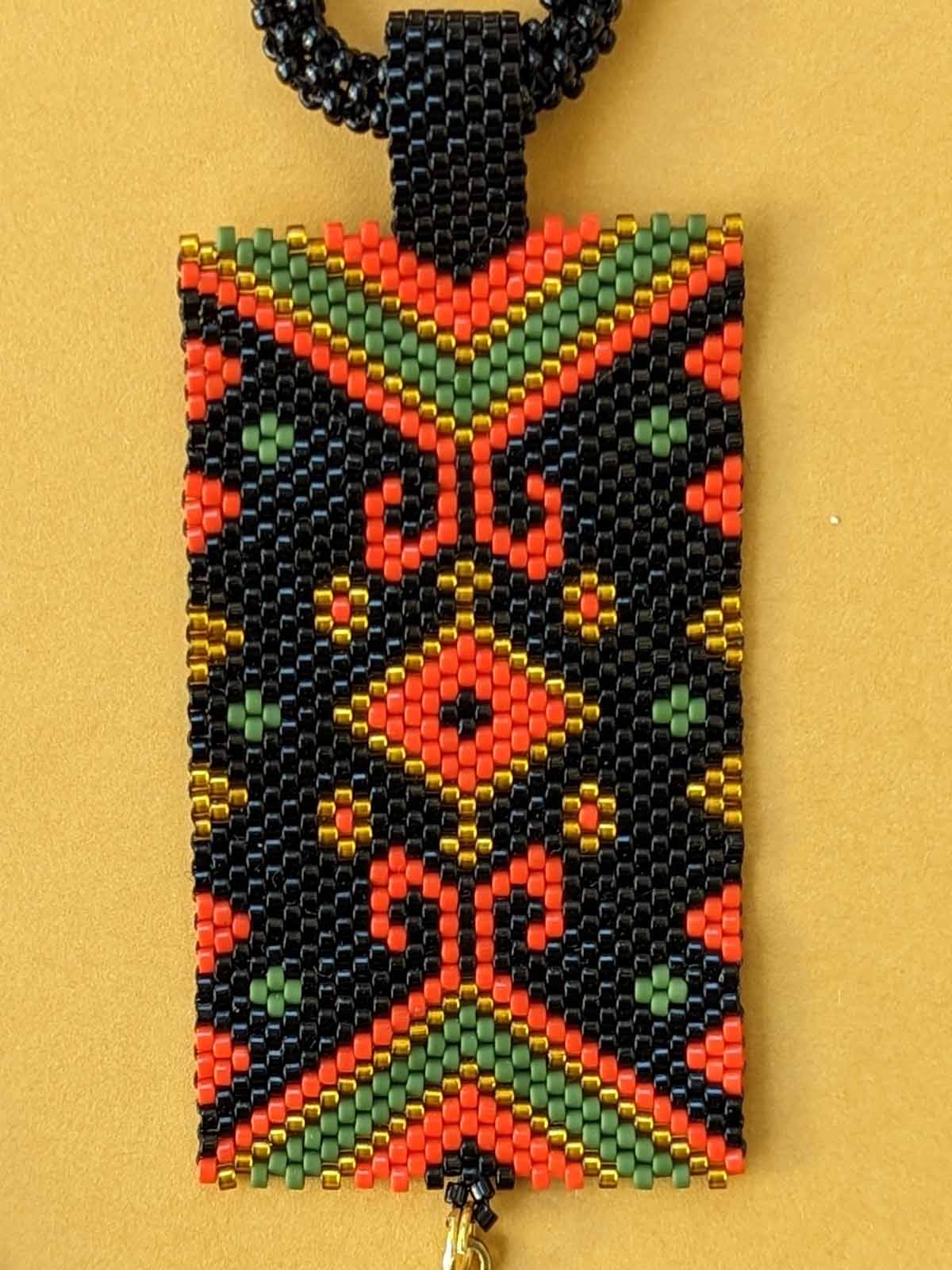 Handmade Beaded Devangi Floral Panel Necklace Orange Black Gold Green