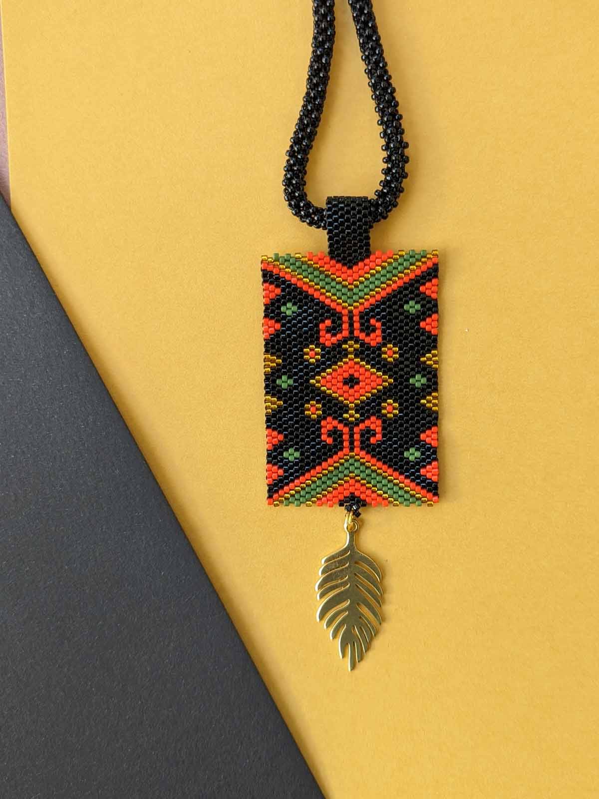 Handmade Beaded Devangi Floral Panel Necklace Orange Black Gold Green