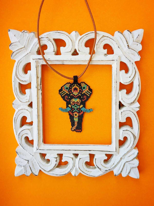 Handmade  Beaded The Exotic Elephant Necklace Black Yellow Blue Orange Brown Red