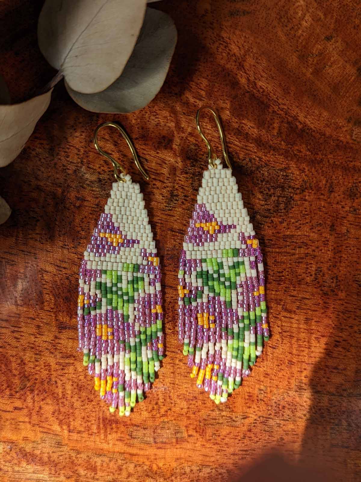 Flowers in my Garden Handmade Beaded Earrings Weaving Cream Pink Yellow Green