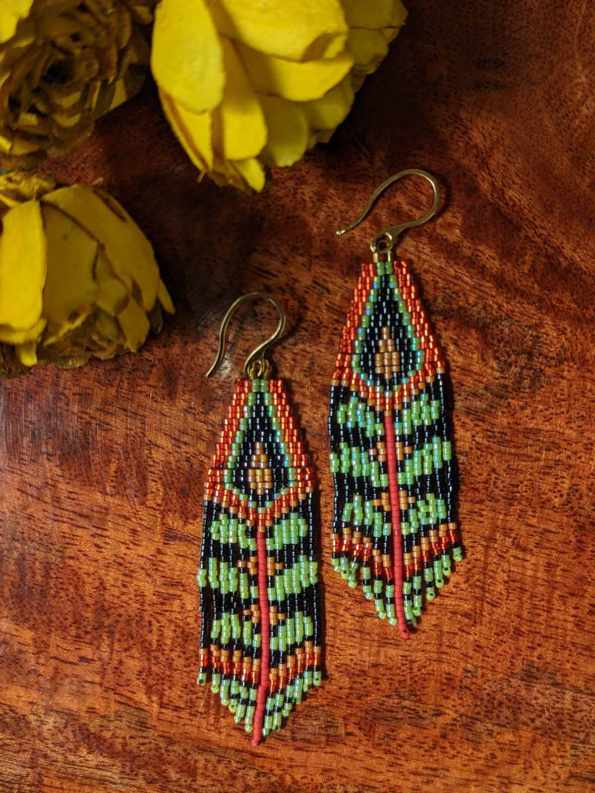 Aztec Green Leaves Handmade Beaded Earrings Weaving Red Black