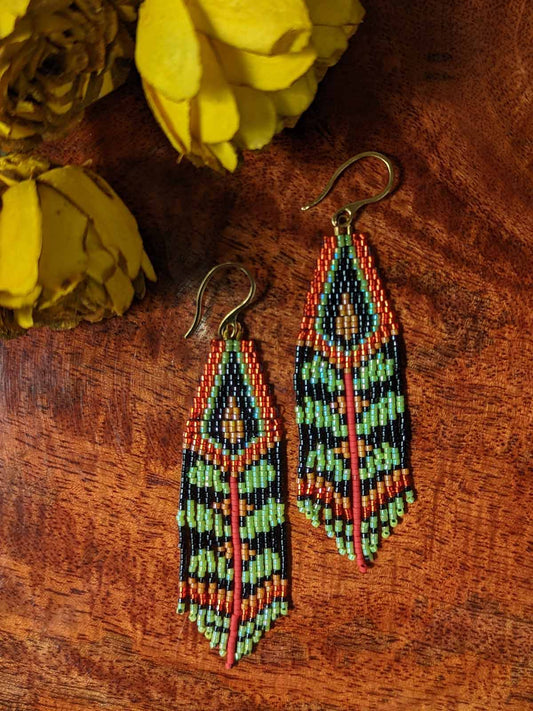Aztec Green Leaves Handmade Beaded Earrings Weaving Red Black