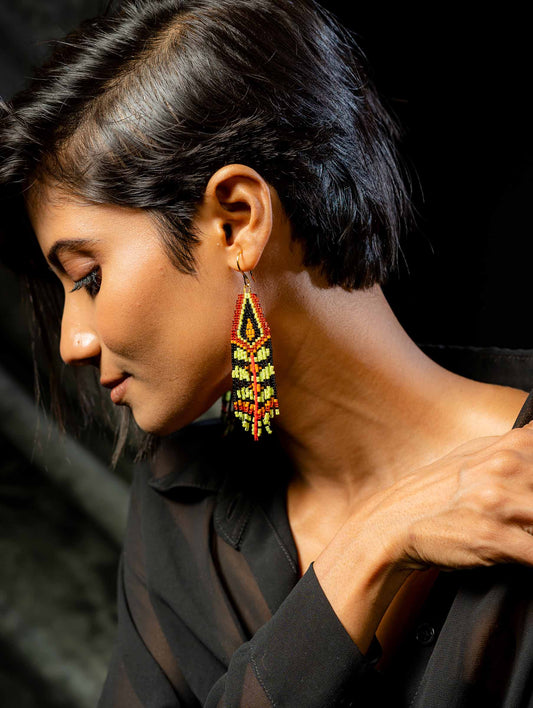 Aztec Green Leaves Handmade Beaded Earrings Weaving Red Black