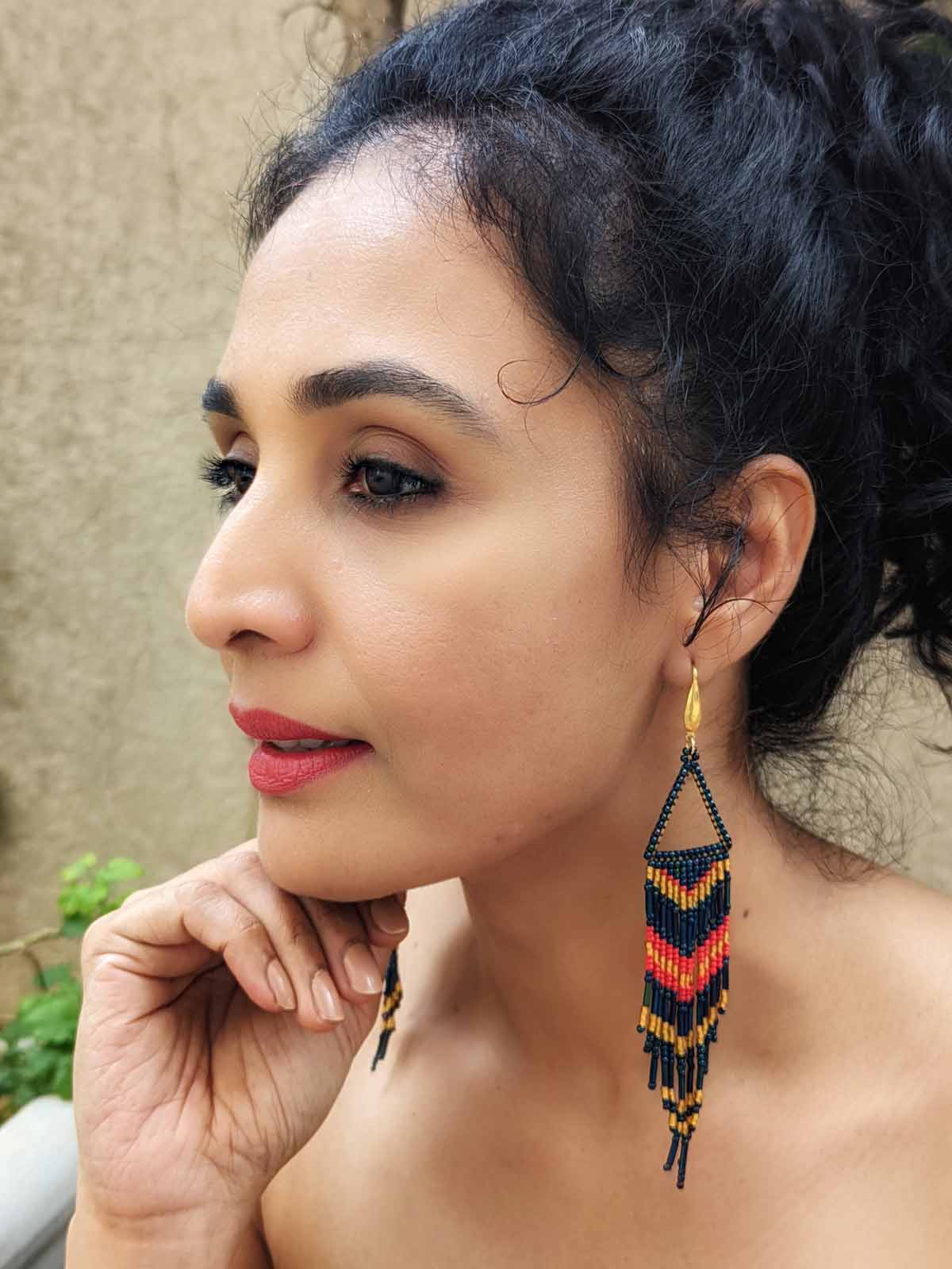 Isha Metallic Blue & Red Fringe Handmade Beaded Earrings Weaving Triangle Gold Yellow Hook