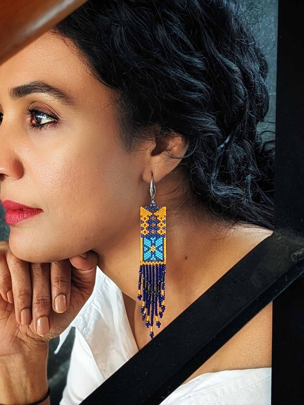 Aaliyah Blue Handmade Beaded Earrings Yellow