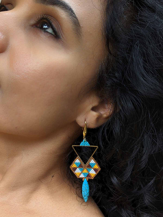 Anya Multicolor Handmade Beaded Weaving Earrings Turquoise Green Blue Yellow Gold Metal Triangle White Brown