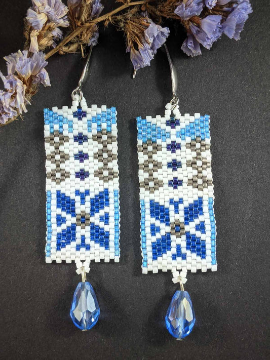Blue Phulkari Earrings With Drop Bead Handmade Beaded Weaving White Silver Hook Dangler