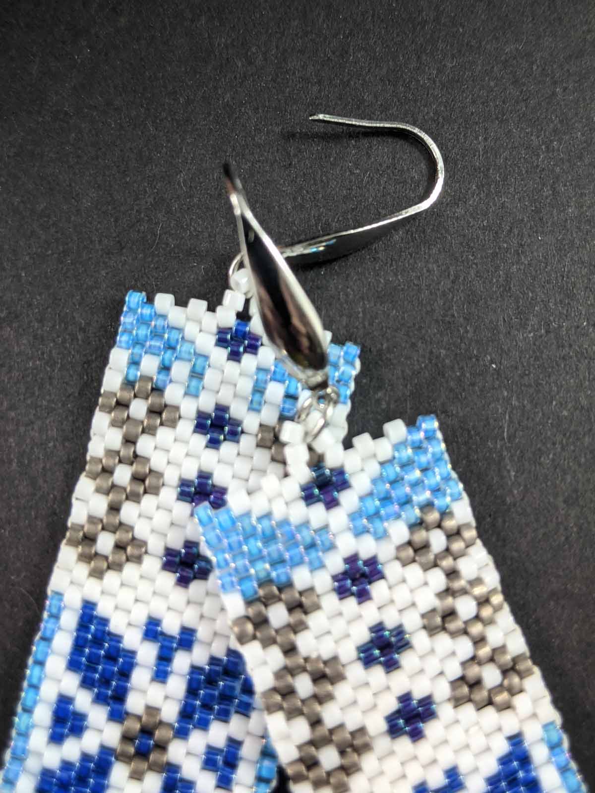 Blue Phulkari Earrings With Drop Bead Handmade Beaded Weaving White Silver Hook Dangler