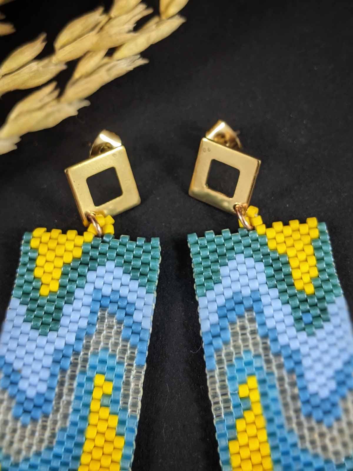 Blue Abstract River Earrings Handmade Beaded Weaving Stud Dangler Yellow White Gold
