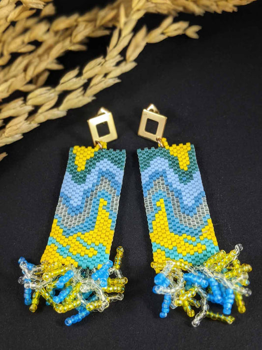 Blue Abstract River Earrings Handmade Beaded Weaving Stud Dangler Yellow White Gold