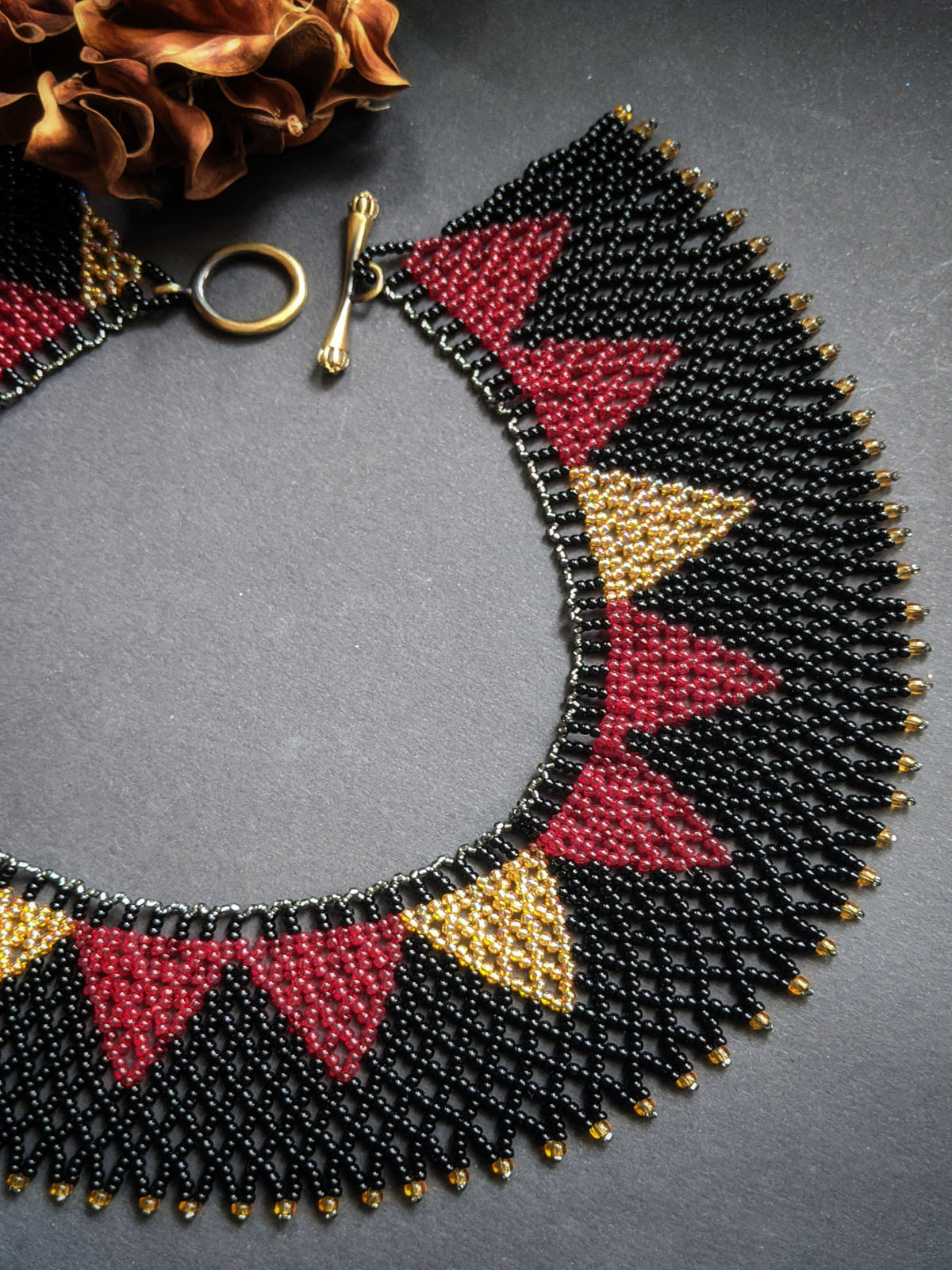 Black & Red Collar Necklace Handmade Beaded Gold