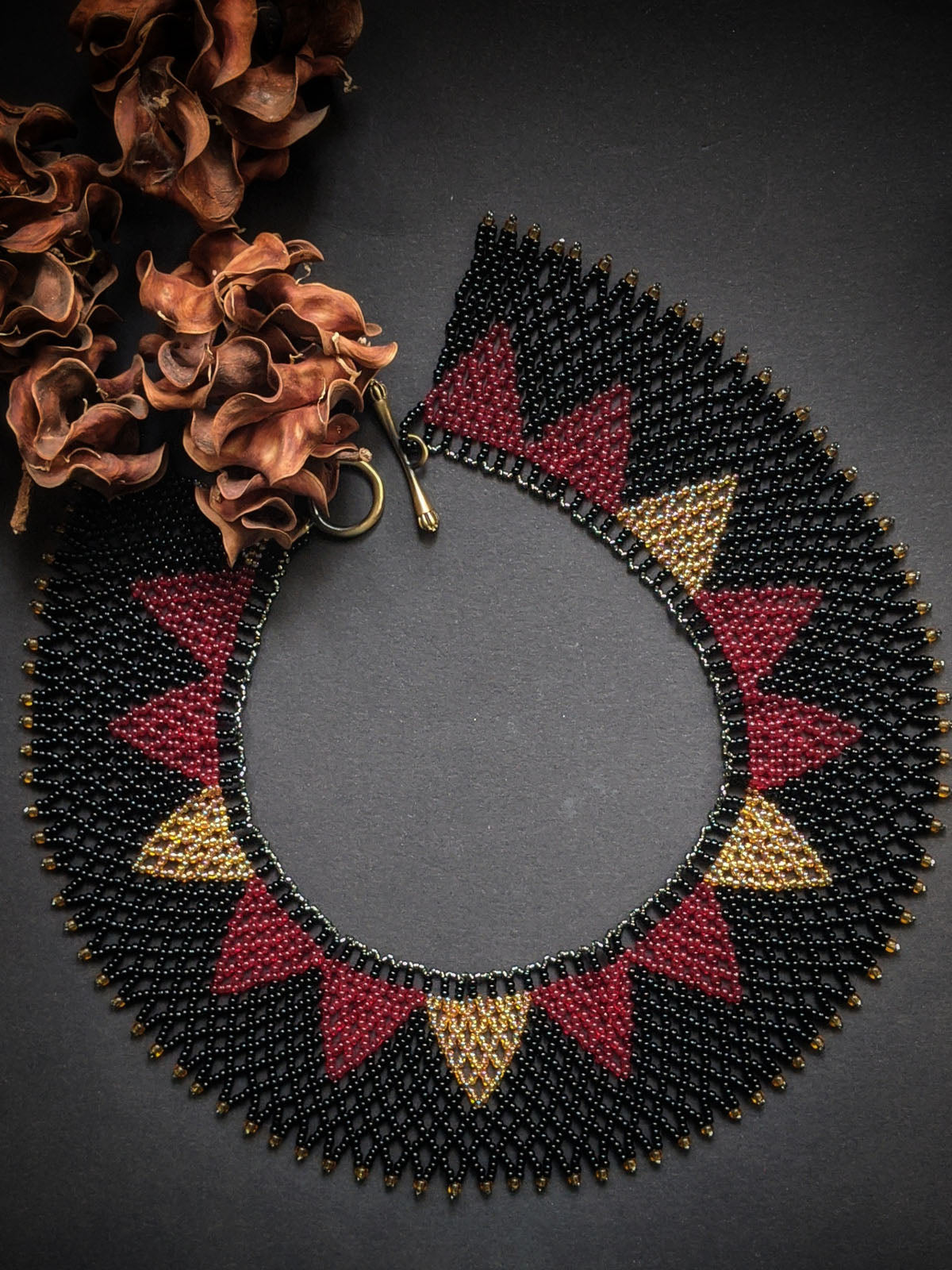 Black & Red Collar Necklace Handmade Beaded Gold
