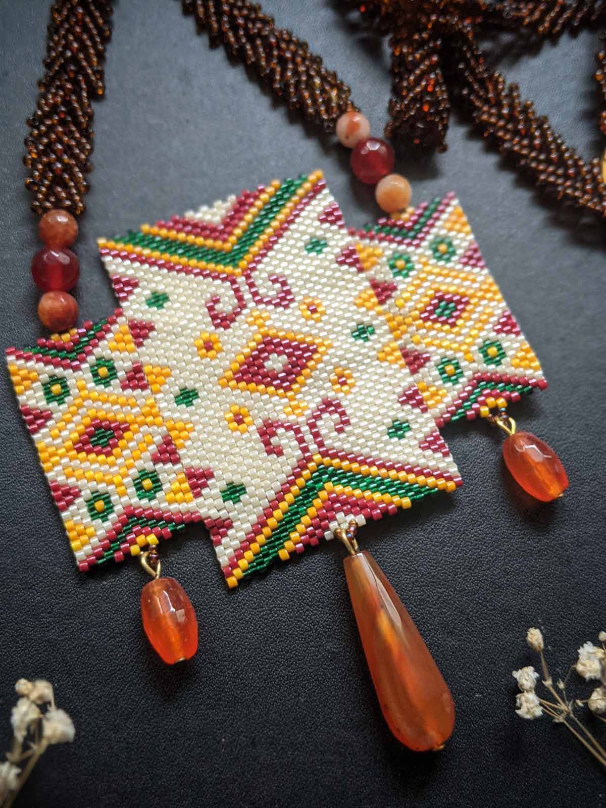 Handmade beaded necklace in Maroon & Off-white Asymmetrical 3 Panel Design Maroon Off-White Yellow Green