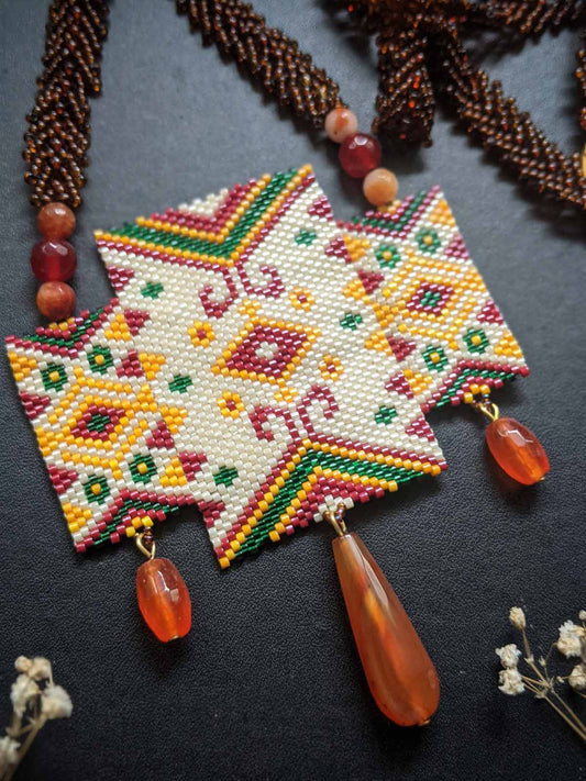 Handmade beaded necklace in Maroon & Off-white Asymmetrical 3 Panel Design Maroon Off-White Yellow Green