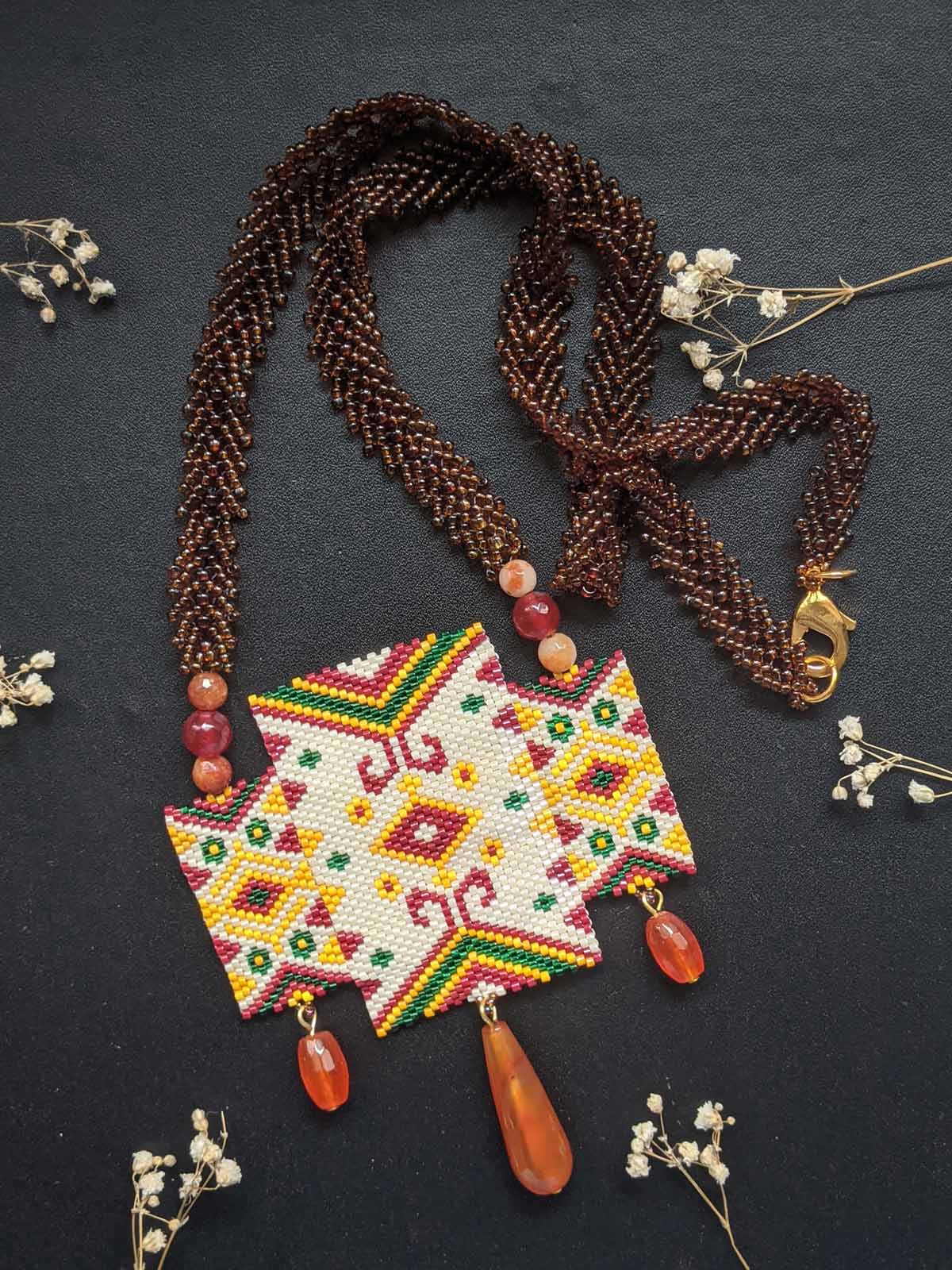 Handmade beaded necklace in Maroon & Off-white Asymmetrical 3 Panel Design Maroon Off-White Yellow Green