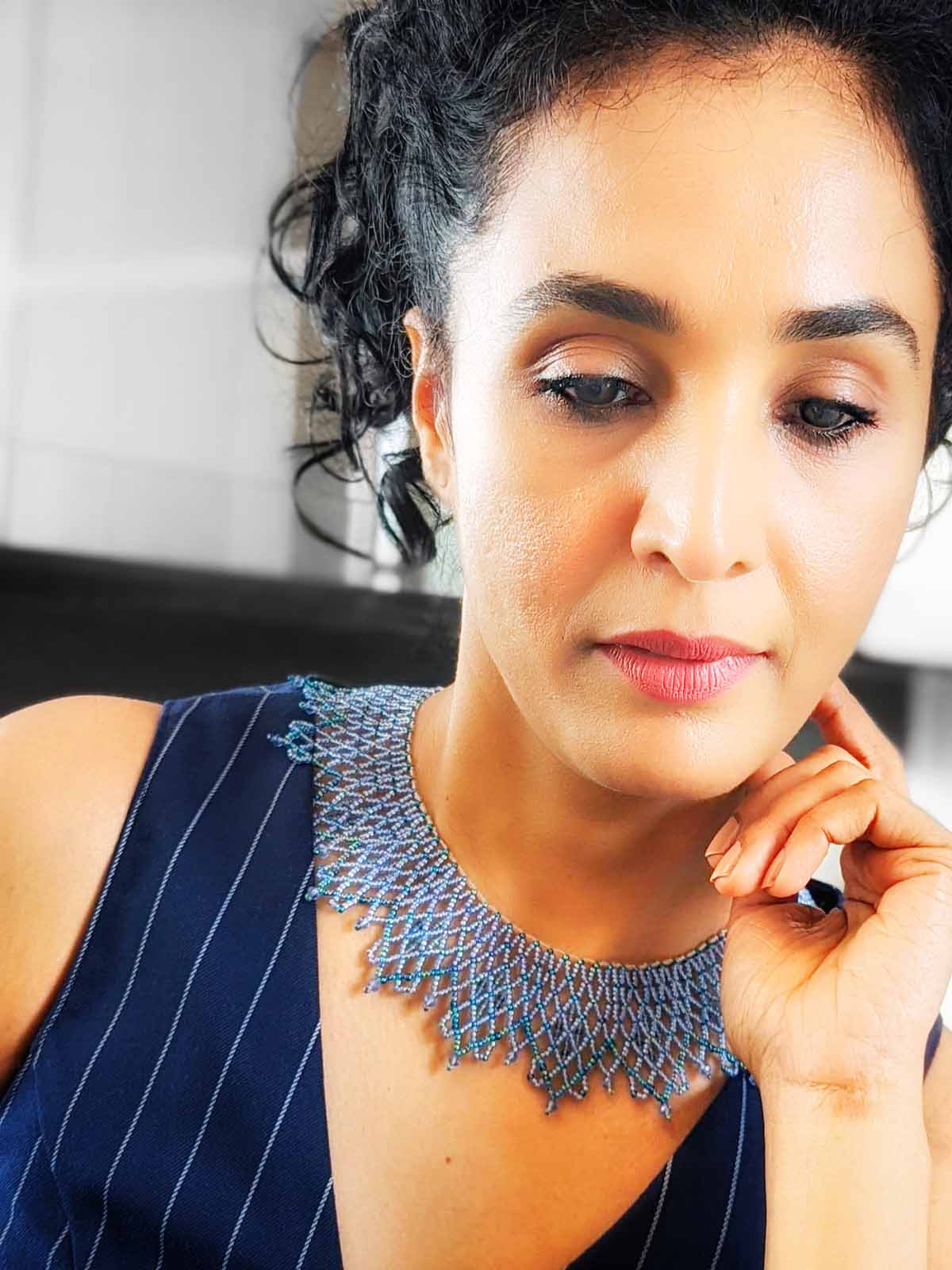 Handmade Beaded Necklace in shades of Blue - Collar Necklace