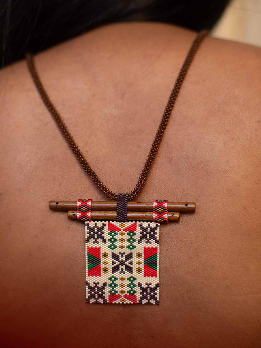 Ella Handmade Beaded Necklace Chocolate Brown Red Green Cream Wooden Component Brass