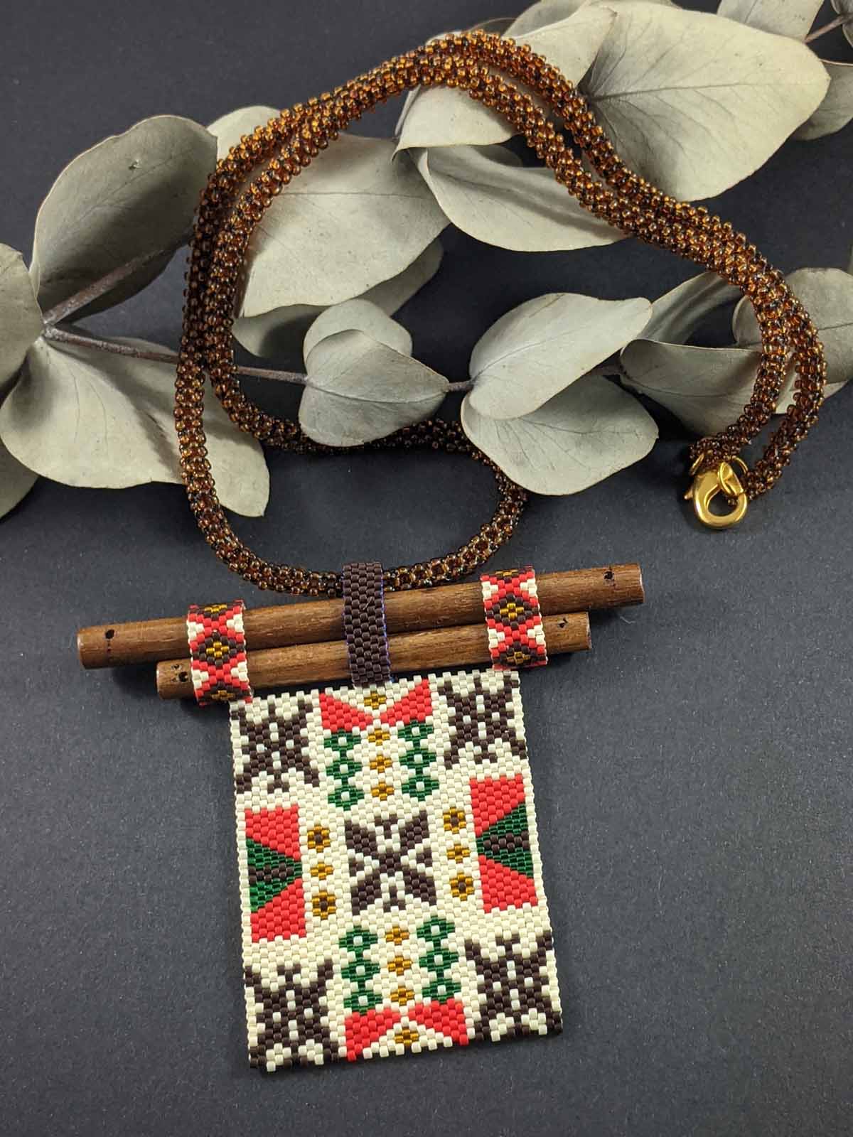 Ella Handmade Beaded Necklace Chocolate Brown Red Green Cream Wooden Component Brassv