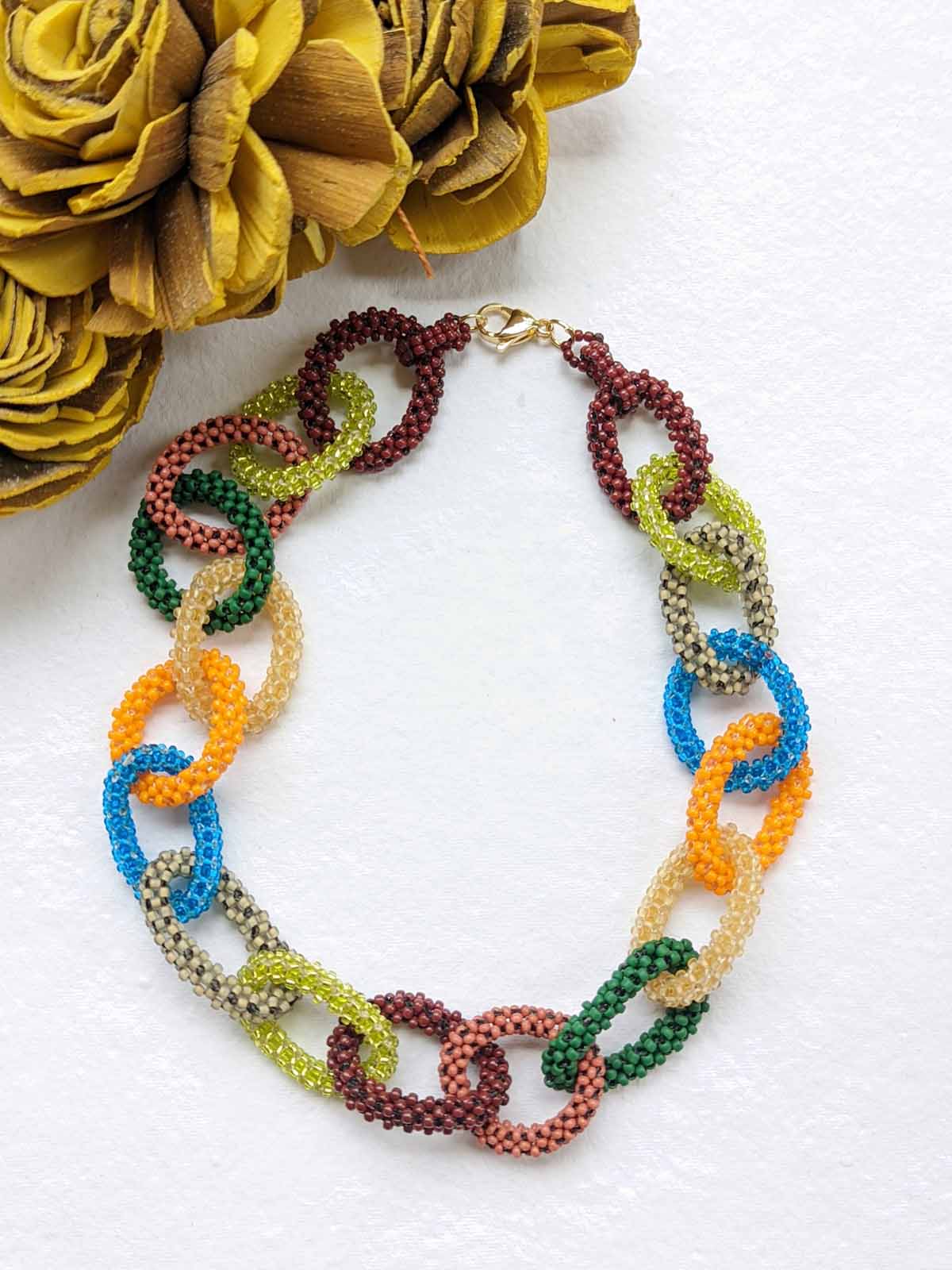 The Multicolored Chain-Links Necklace Handmade Beaded Yellow Blue White Pik Green Gold Brass Grey Brown