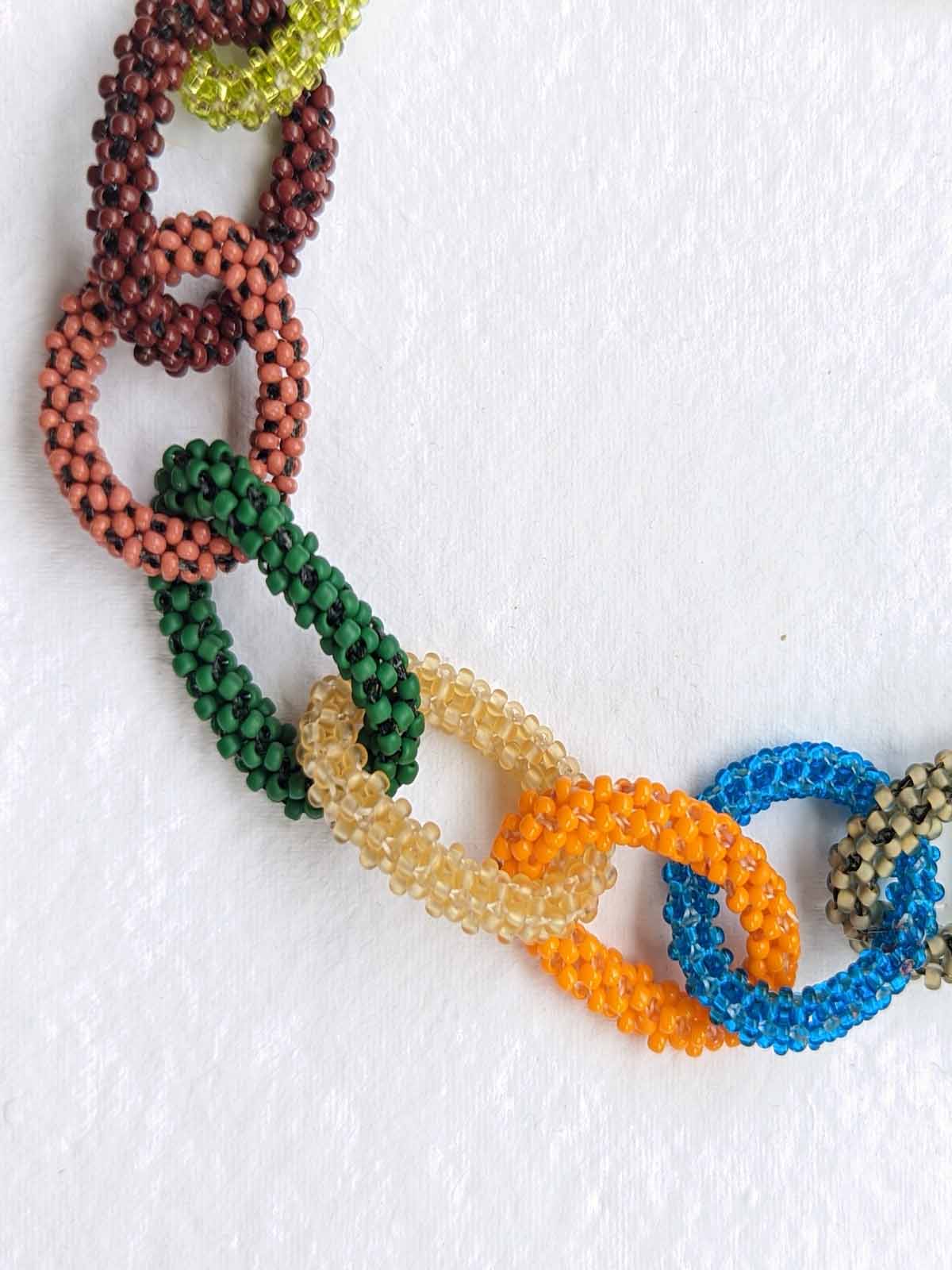 The Multicolored Chain-Links Necklace Handmade Beaded Yellow Blue White Pik Green Gold Brass Grey Brown