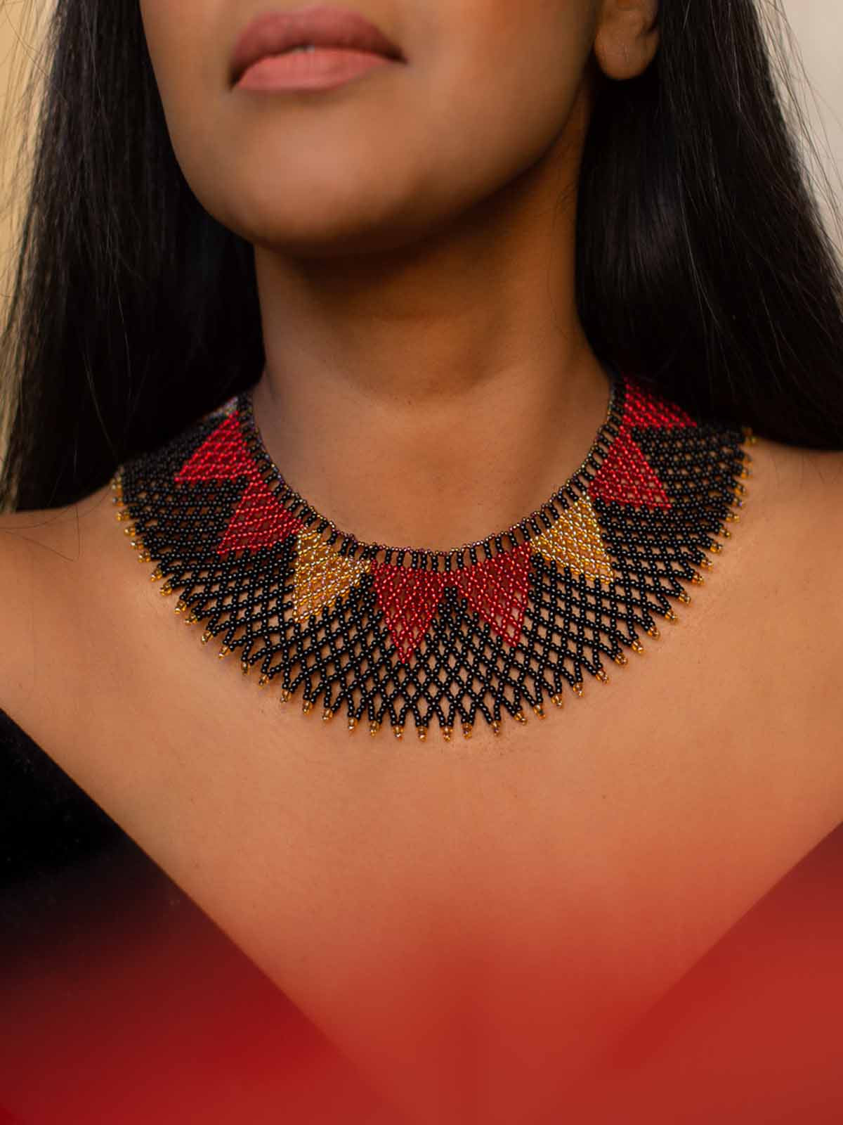 Black & Red Collar Necklace Handmade Beaded Gold