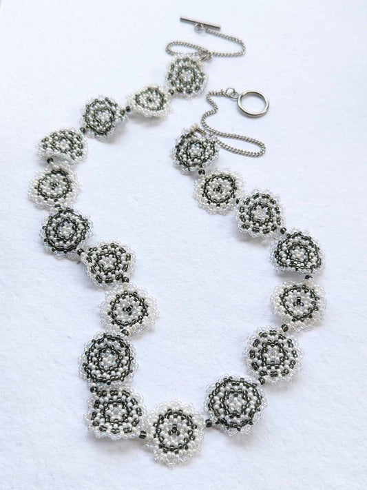 White & Grey Single Strand Floral Disc Necklace