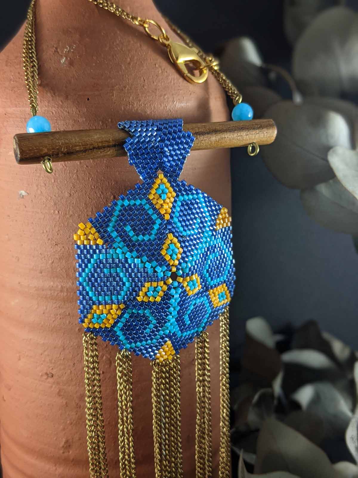 Zara in Blue Handmade Beaded Necklace Yellow Gold chain Wooden Component