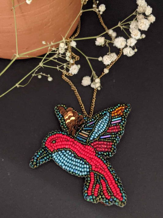 Striking Red Kingfisher Handmade Beaded Necklace Blue Gold Purple Rainbow Green