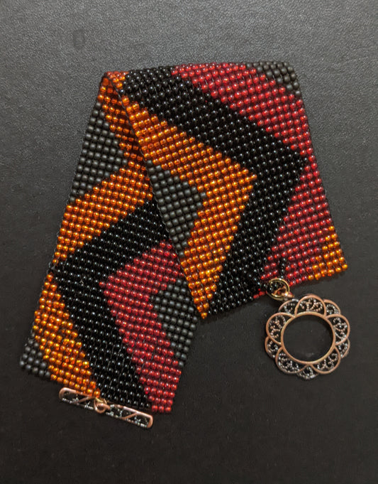 Handmade Beaded Bracelet Cuff Glass Brass Woven Grey Black Gold Red Orange