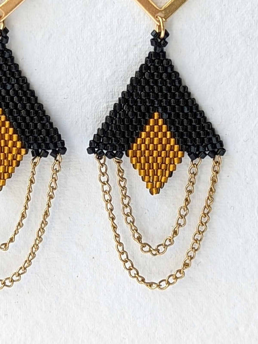 Inverted Triangle with Chain Accents Handmade Beaded Earrings Black Gold
