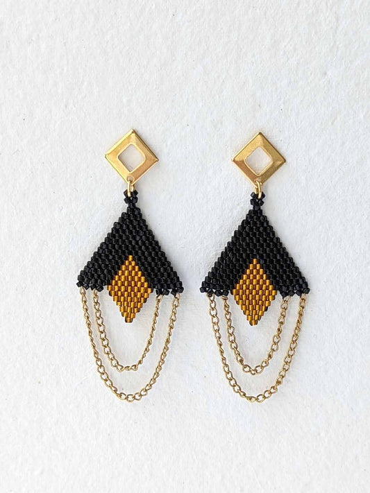 Inverted Triangle with Chain Accents Handmade Beaded Earrings Black Gold